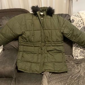 American Eagle Outfitters - Army Green; Puffer Parka with a black fur hood.